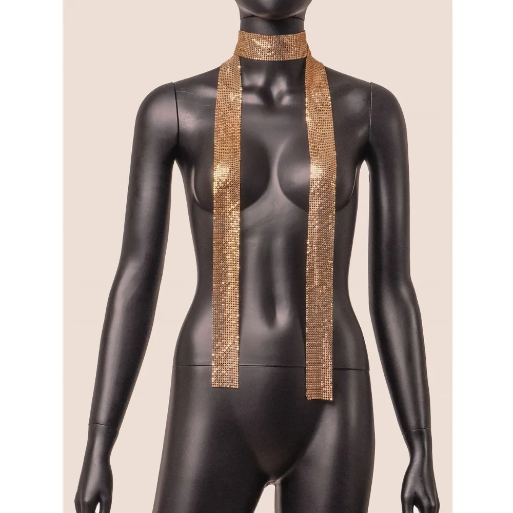 Kalung Choker Rantai Panjang Tipis Seksi dengan Liontin Berkilauan, Syal Payet Estetika Fashion, Paduan Aluminium Punk, Glittering Bling untuk Wanita