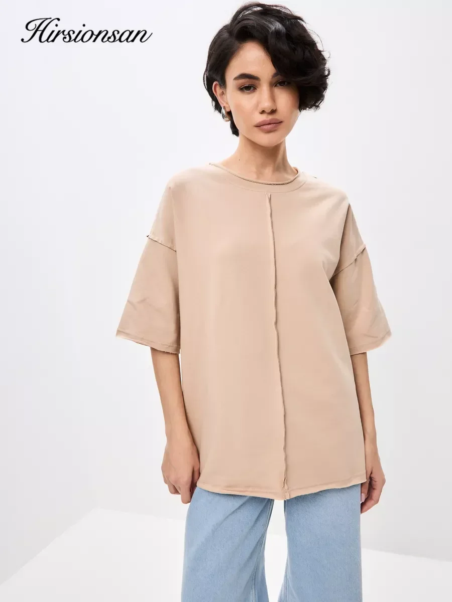 Hirsionsan Summer Casual Oversized T-shirts Women 100% Cotton Pink Loose Tees 2025 New Cusual Solid O Neck Female Aesthetic Tops image 2