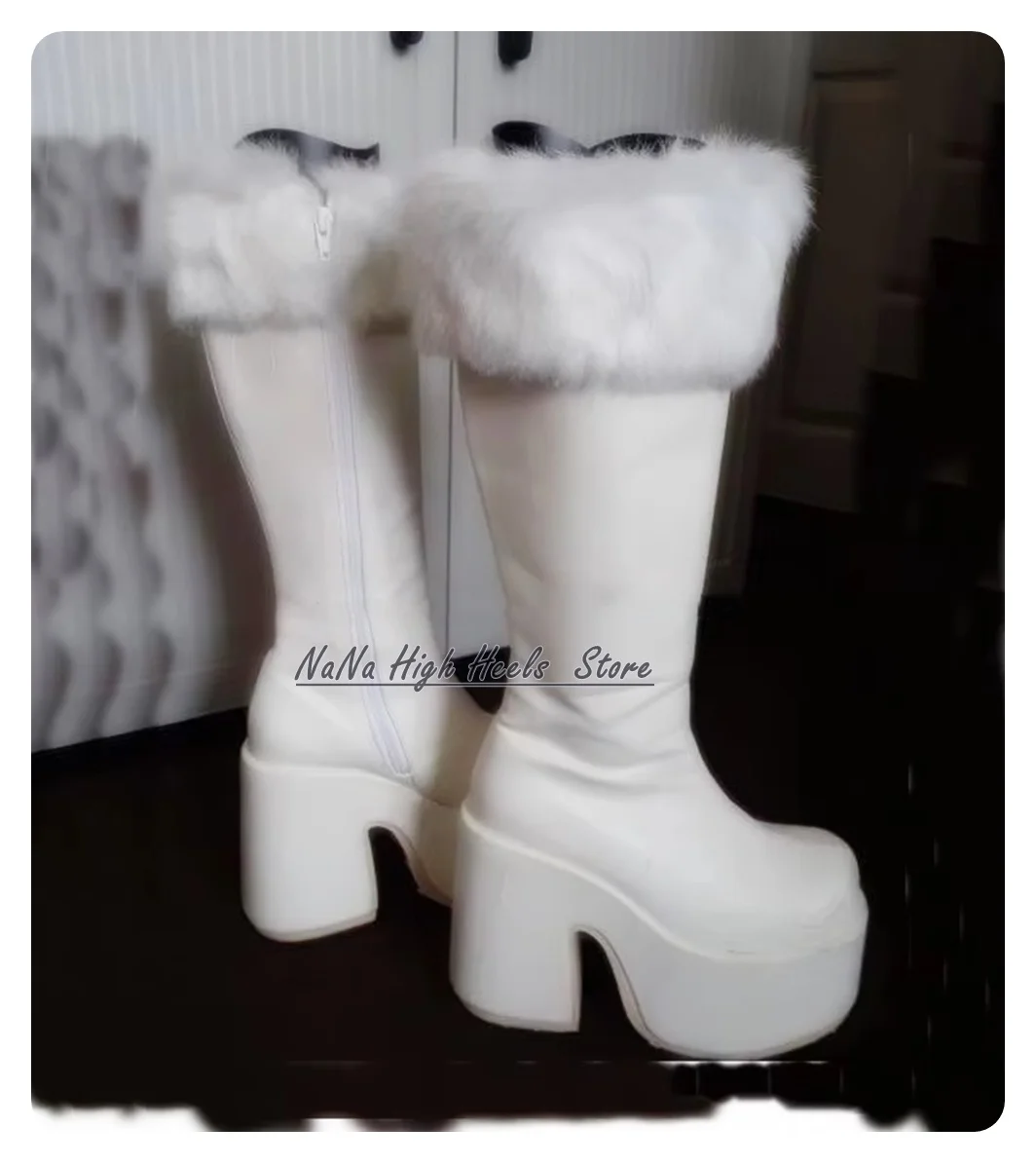 Platform Cute Style White Fur Snow Boots Women Soft Warm Block High Heel Round Toe Knee High Boots Lady Zip Winter Shoes