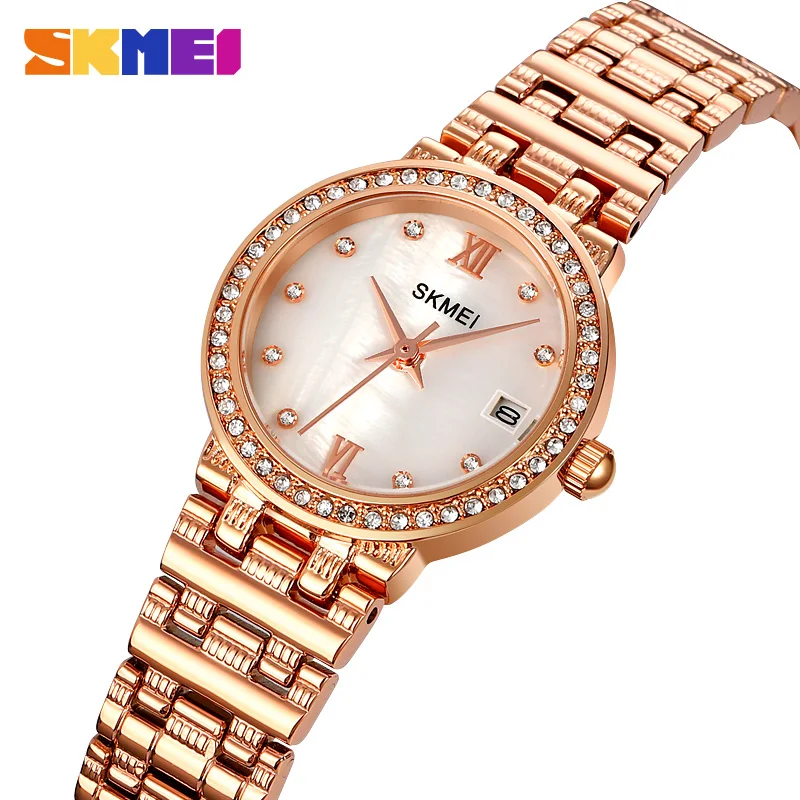 

SKMEI Stainless Steel Quartz Wristwatch Luxury Crystal Dial Simple Casual Women's Watches Calendar Display Original Watch