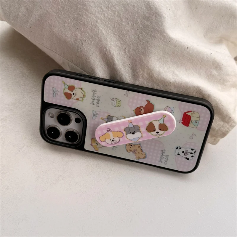 귀여운 강아지 아이폰 16 Pro 14 15 Pro Max 폰 케이스, 스탠드 홀더가 있는 카와이 만화 충격 방지 하드 케이스