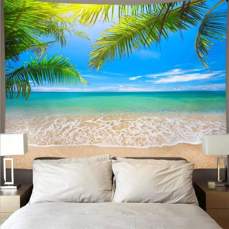 Beautiful Sea Beach Blue Sky Landscape Tapestry Polyester Wall Cloth Art Tapestry Wall Hanging Sea Wave Theme Home Decorations