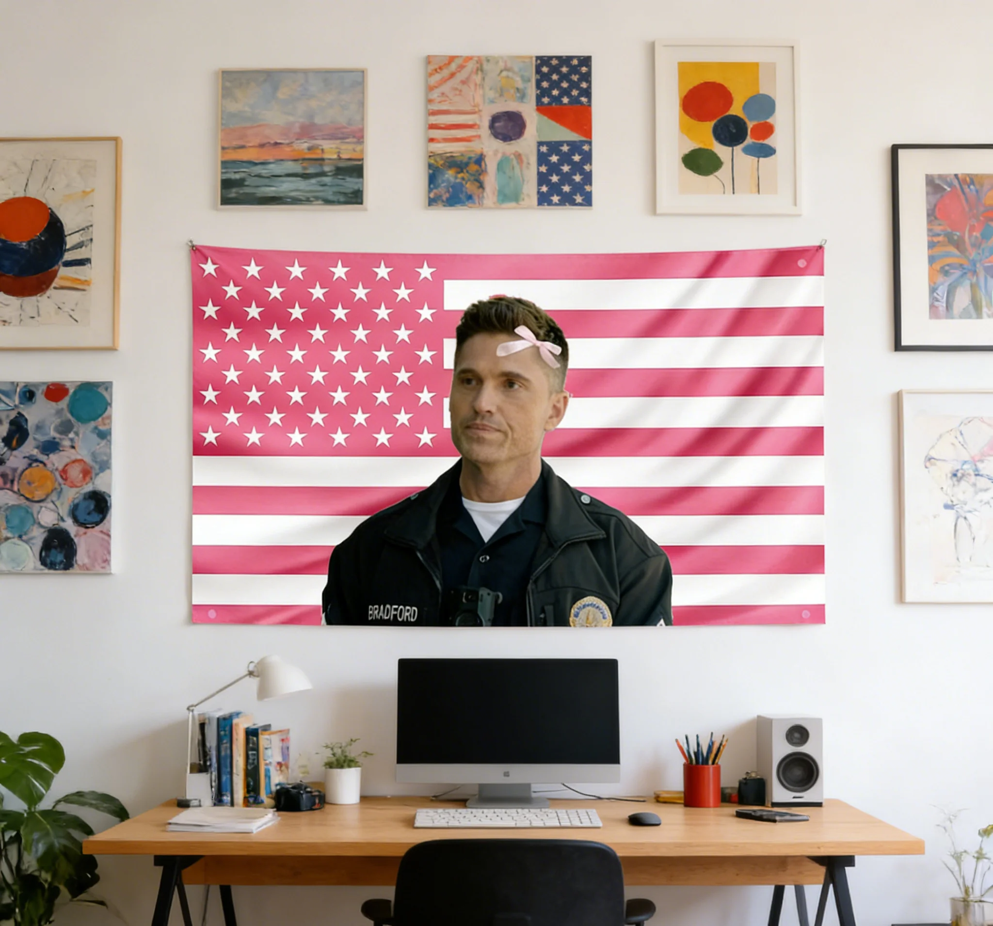 1pc T-Tim B-Bradford The Rookie Tapestry com Bandeira dos EUA Rosa