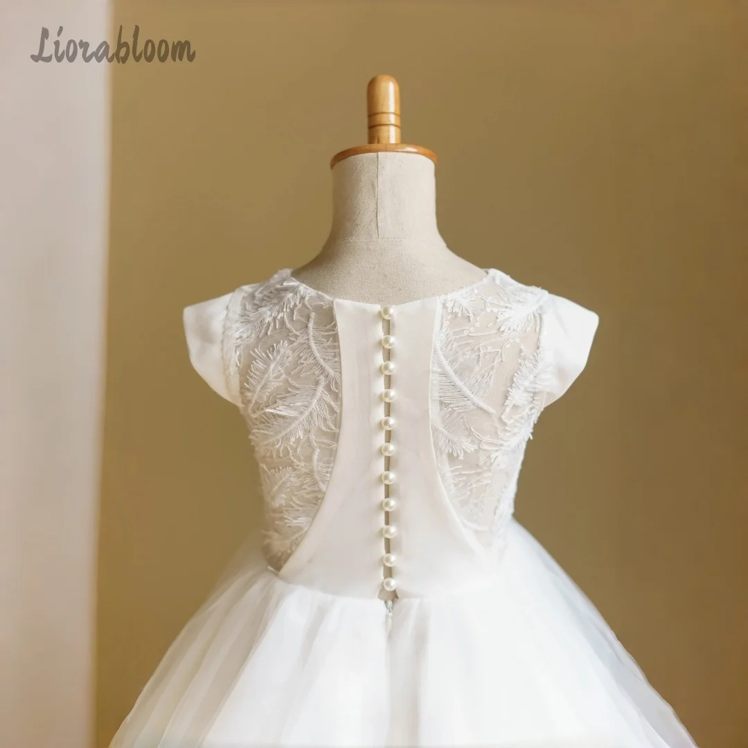 Abito da sposa semplice in pizzo per bambina, abito da damigella d'onore personalizzato con bottoni sul retro, abito da principessa per feste e matrimoni