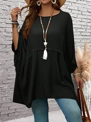Plus size solid color black female round neck bat wing sleeves loose shirt waterfall top