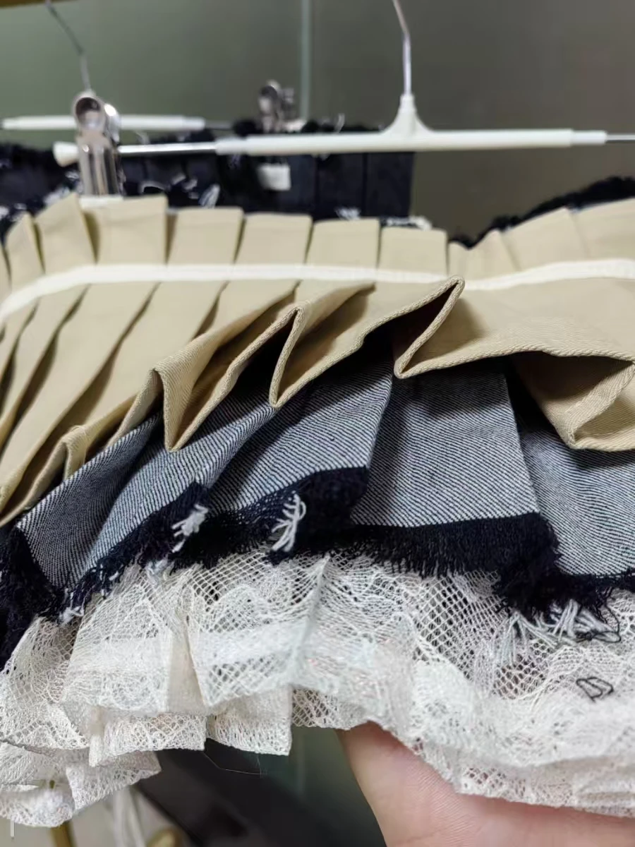 

Настоящая фотография, осень 2025 г., двусторонняя джинсовая плиссированная юбка с поясом, женские короткие регулируемые юбки Y2K, популярная корейская одежда