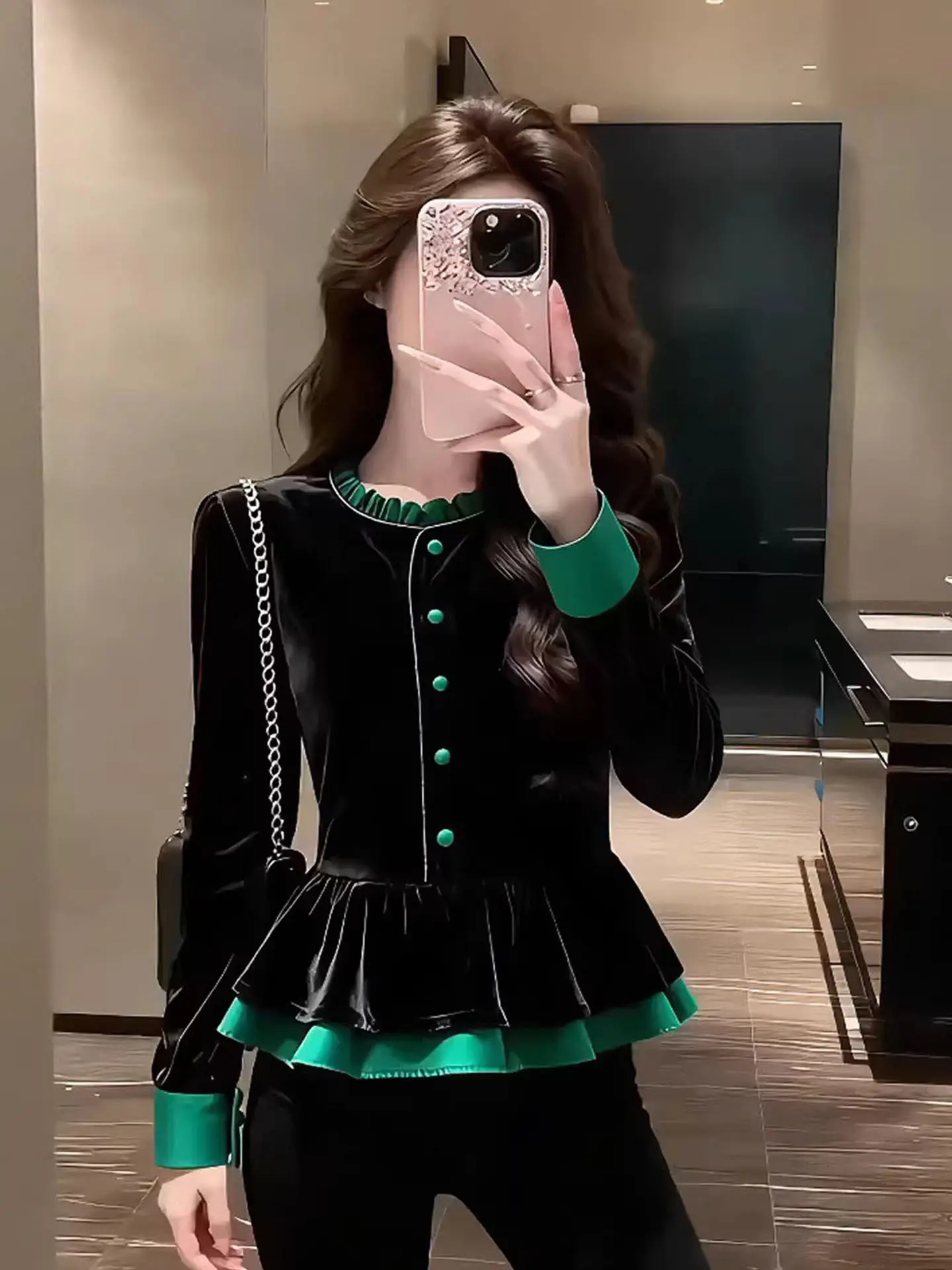 

New Chinese Sle Velvet irt Women's Faion Color Blo irt Spring 2026 Casual Fit Long Sve round Ne Button up Top