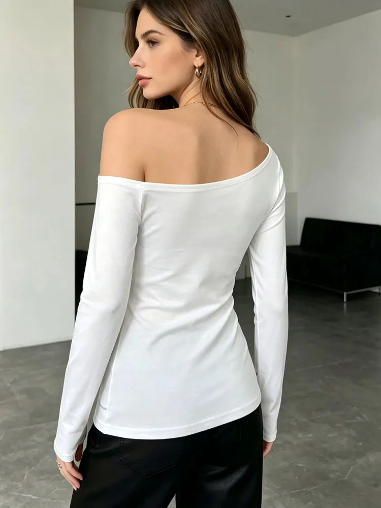2026 European and American new slanted shoulder long sleeved top with printed waistband, slim fit women's T-shirt, street style - view 4