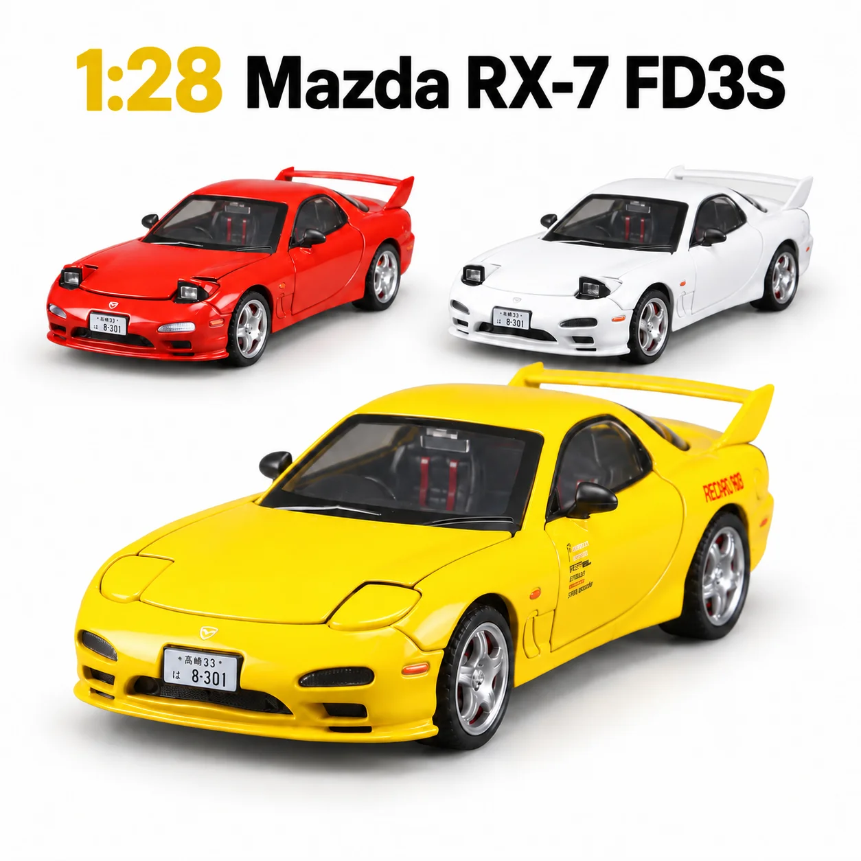 1:28 Mazda RX7 FD3S Miniature Diecast RX-7 Toy Car Model Sound & Light Doors Openable Display Collection Gift for Boyfriend