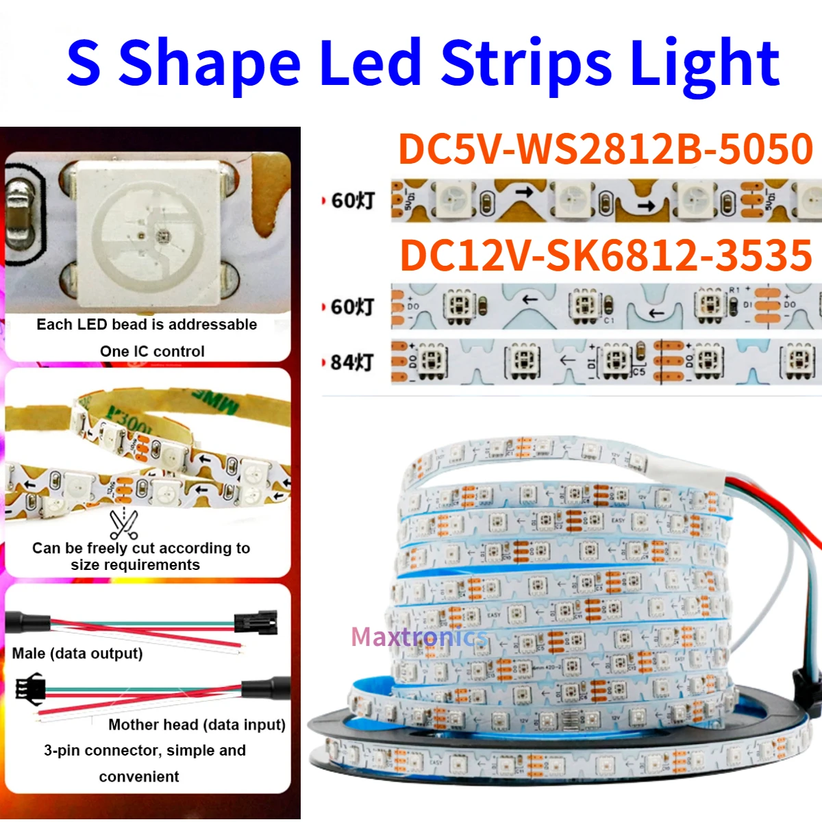 5Meters WS2812/SK6812 Flexible S Shape Led Strips Light for 60/84leds/M 6mm Addressable Full Color RGB LED Pixels Tape DC5/12V