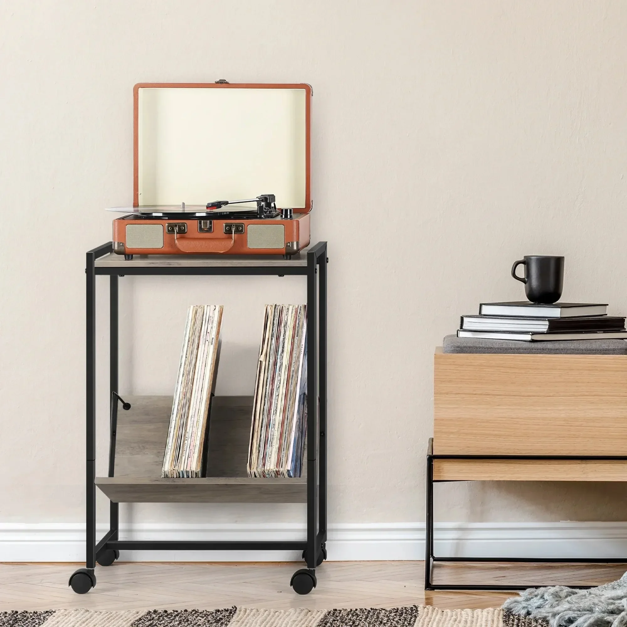 Supporto portatile per giradischi grigio a 2 livelli con ruote, ripiano in vinile per tavolino da soggiorno e camera da letto