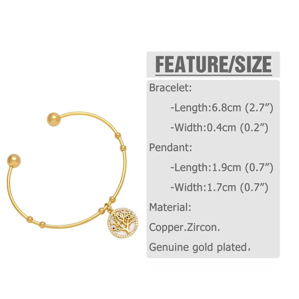 FLOLA Copper Zircon Evil Eye Cuff Bangles for Women Gold Plated Tree of Life Bangle Lucky Jewelry Gifts ojo turco brtc34