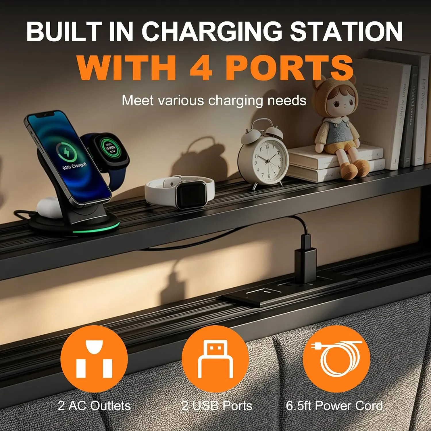 Queen Bed Frame LED Storage Headboard Metal Platform Charging Station No Box Spring Noise Free Easy Assembly Grey, Customized