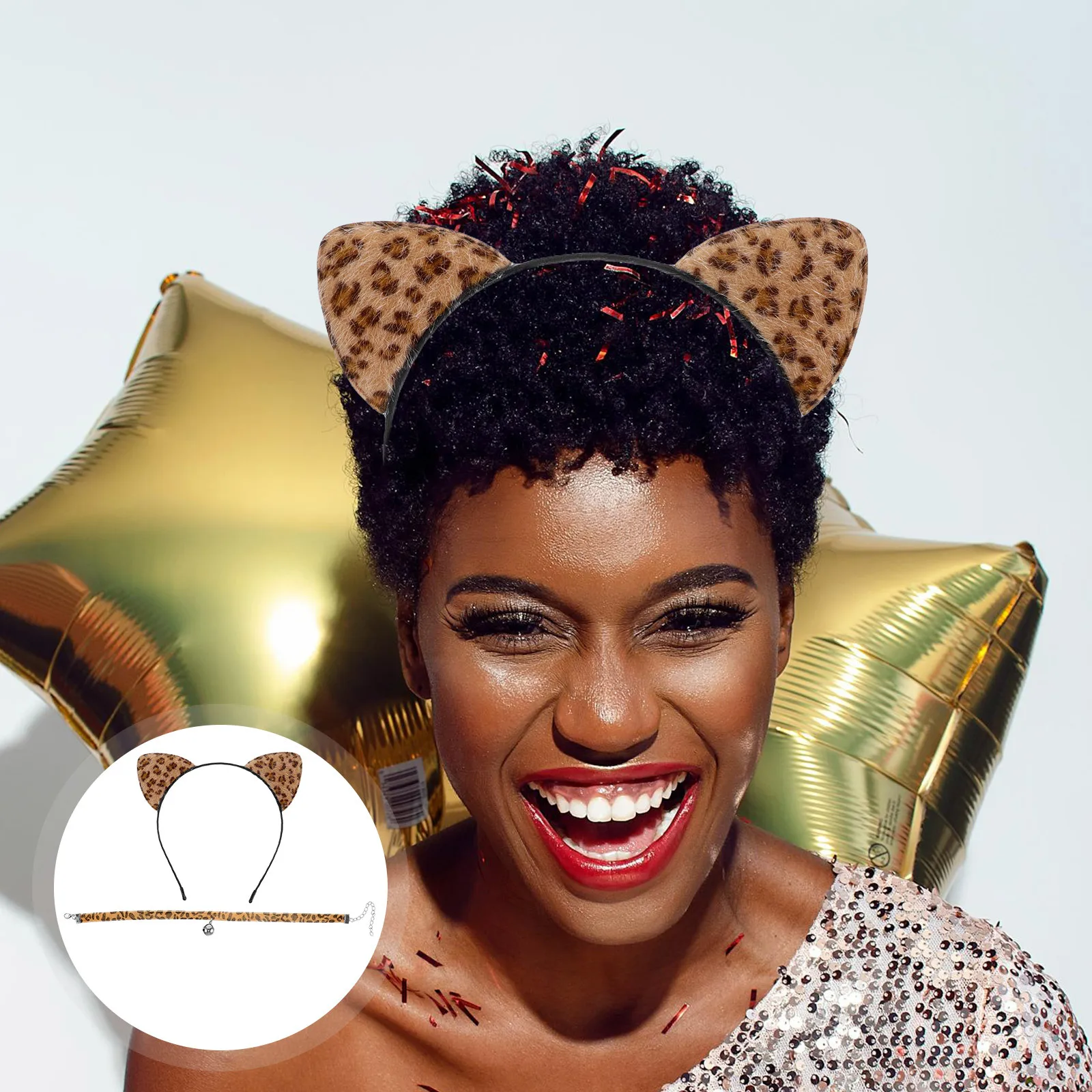 

Leopard Print Cat Ears Headband Bell Choker Necklace Cosplay Party Dress-Up Accessory Lightweight Comfortable Longevity