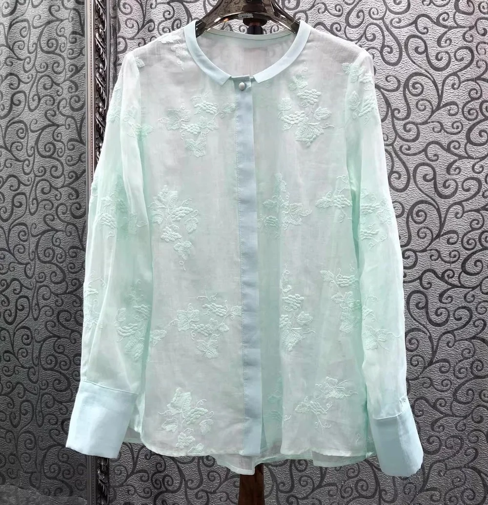 

Top Quality New Fashion Style Blouses 2026 Spring Women Allover Flower Embroidery Long Sleeve White Green Yellow Shirts Linen