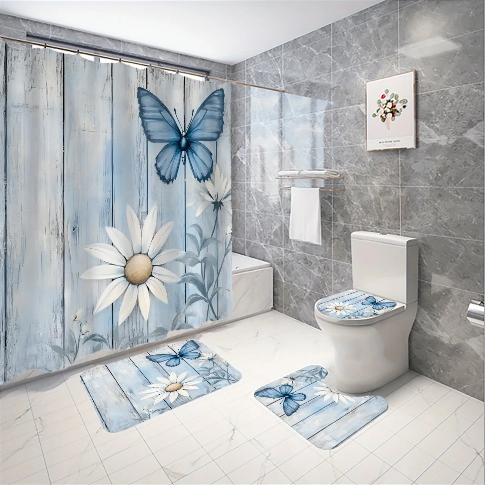 

4 шт. свежий и романтический синий комплект занавесок для душа с рисунком бабочки и ромашки, занавески для ванной комнаты, декоративный напольный коврик для ванной комнаты