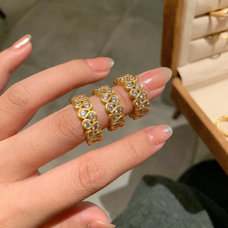 Vintage brushed inlay diamond rings for women classic fashion double row round wide ring Couple style wedding banquet jewelry
