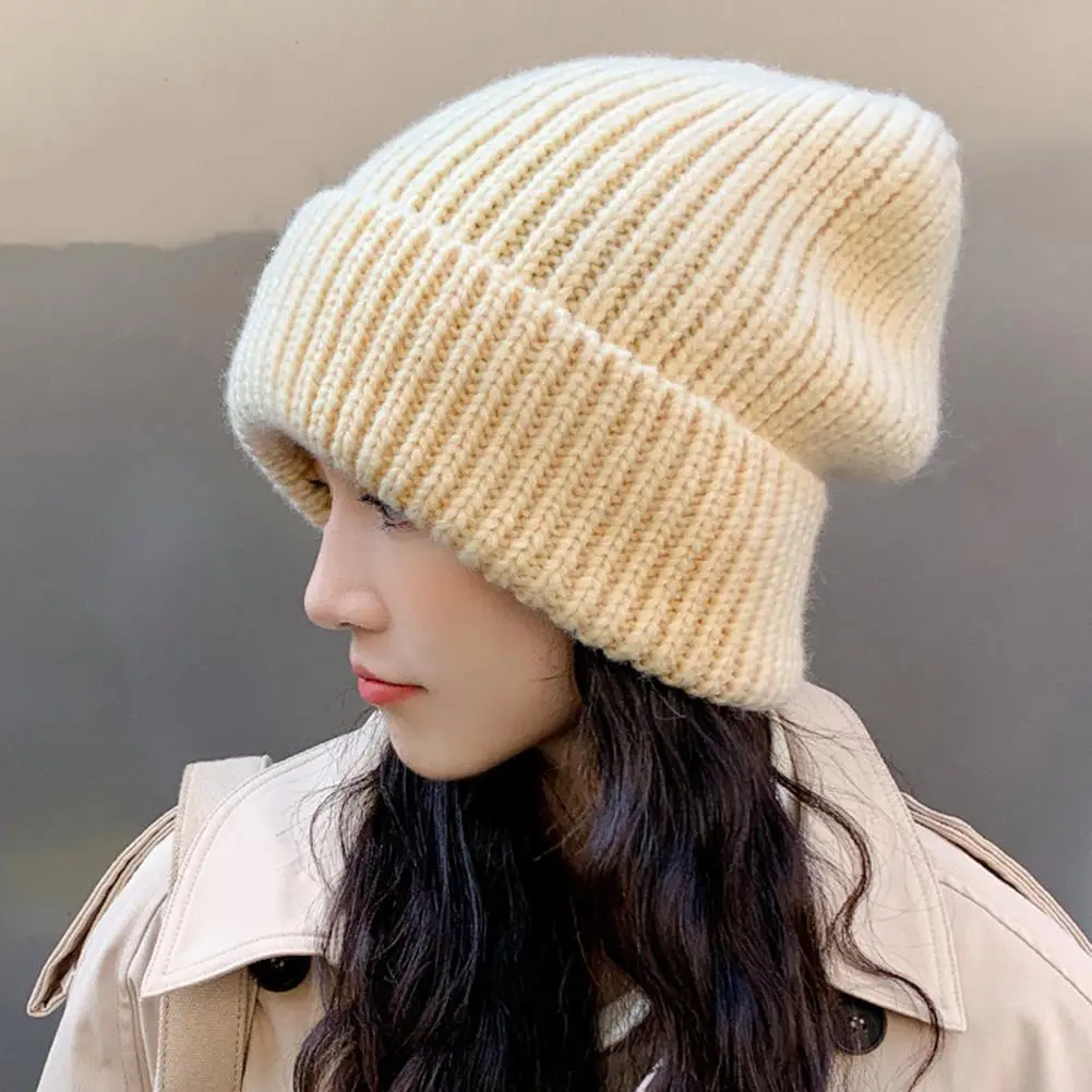 

Knitted Hat Baggy Slouchy Ribbed Flanging Stretchy Women Hat Keep Warm Autumn Winter Women Men Beanie Cap