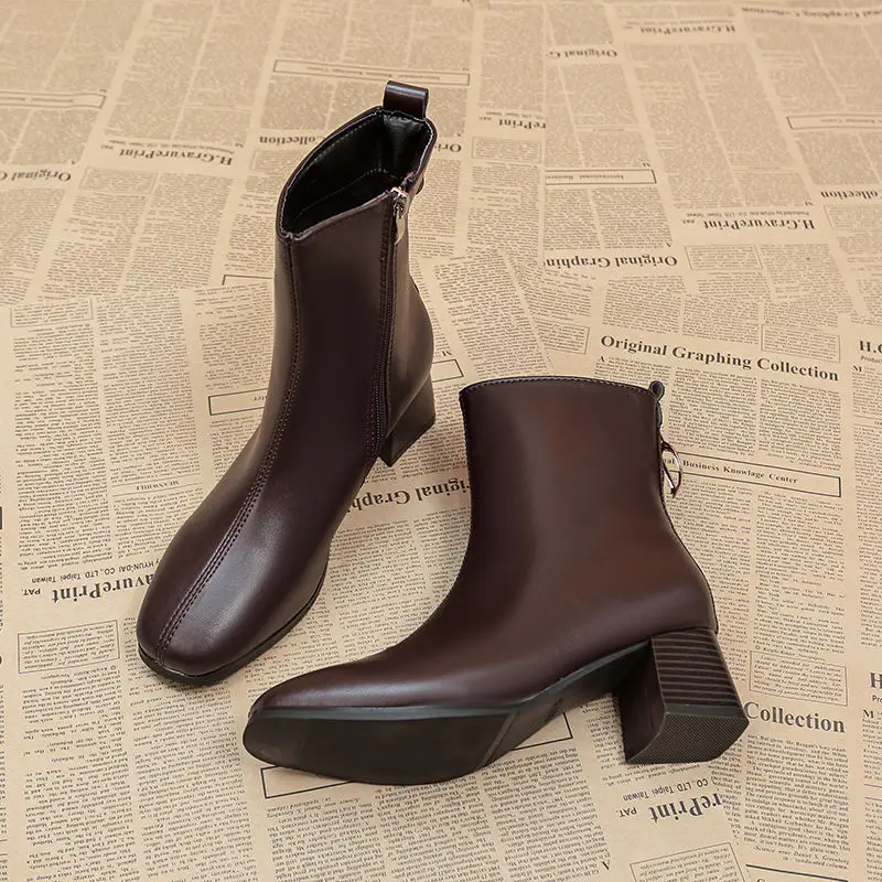 Combat Ankle Boots for Women Fur Elegant with Medium Heels Woman Short Shoes Punk Style Brown Booties Autumn High Quality Boot image 4