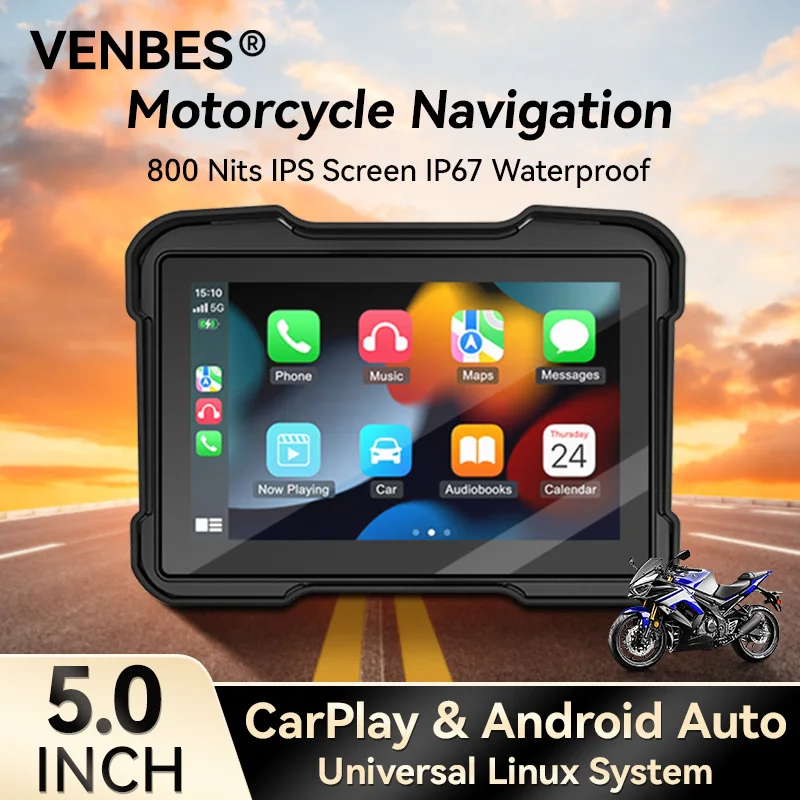 

VENBES 5" Motorcycle Carplay Display Wireless Android Auto Carplay GPS Navigation USB Type-C Fast Charging