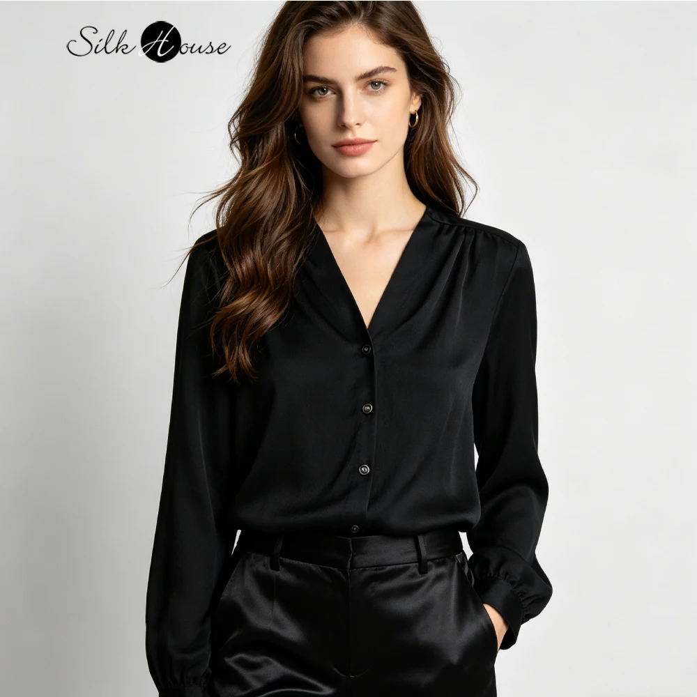 

Women's Fashion Spring/Summer Clothing 100% Natural Mulberry Silk Pearl Satin Single Breasted V-neck Long Sleeved Shirt