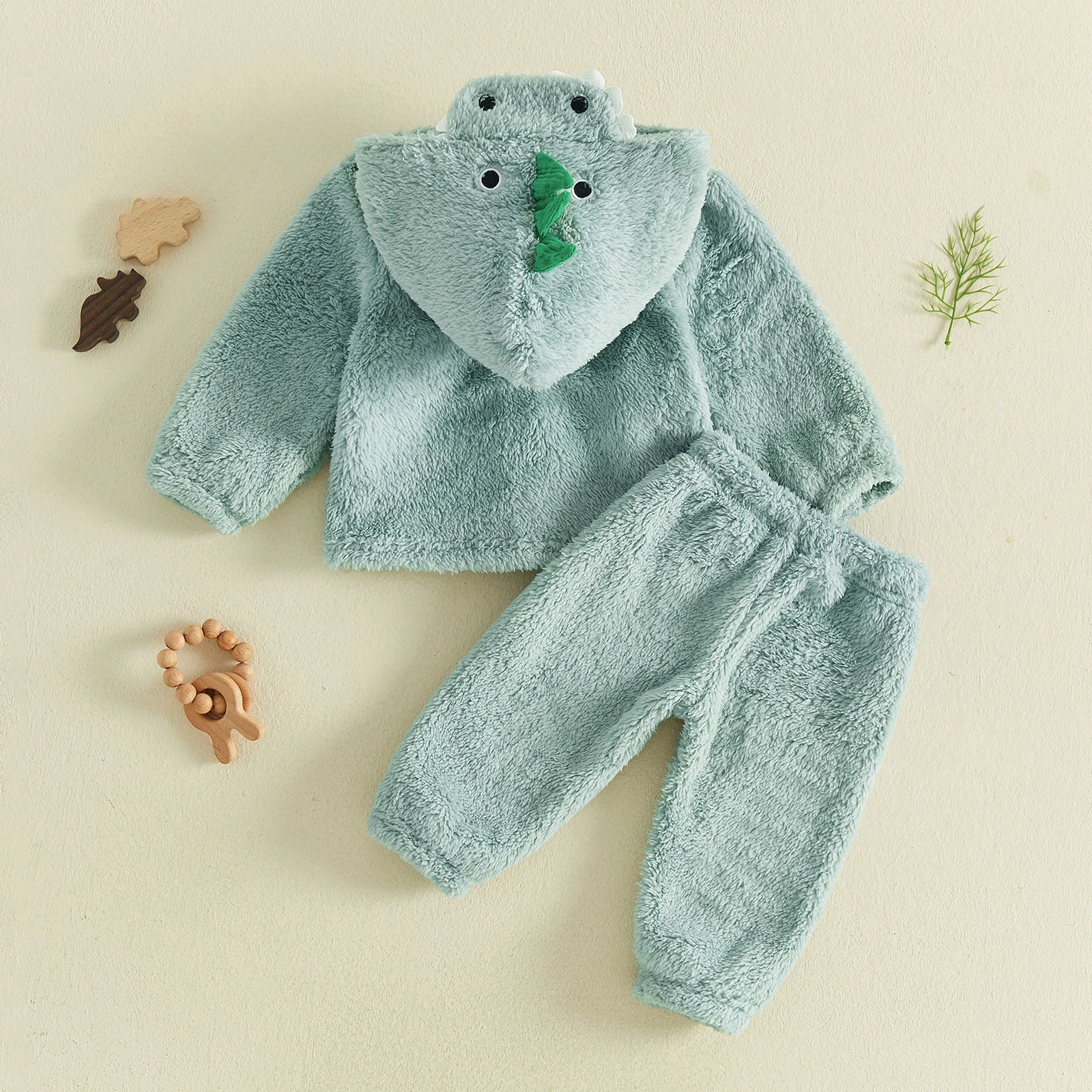 Boys 2Pcs Plush Fall Outfits Long Sleeve Button Down Hooded Dinosaur Tops Pants Sets Halloween Cosplay Costume Set