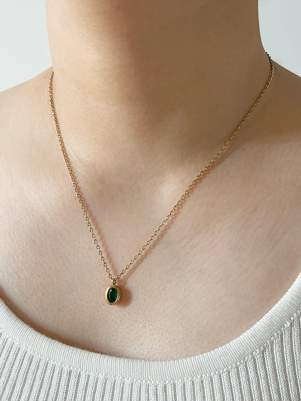 Peri\'sBox Multicolor Little Oval Zircon Pendant Necklace Women Stainless Steel Minimalist Gold Plated Layering Necklacs Jewelry