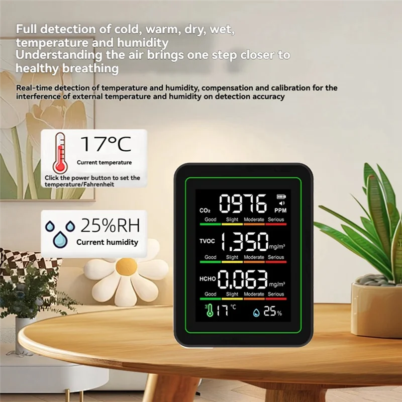 A98E-室内空気品質モニター、CO2 モニター/温度/ホルムアルデヒド検出器 TVOC 部屋用、ブラケット付き成長テント