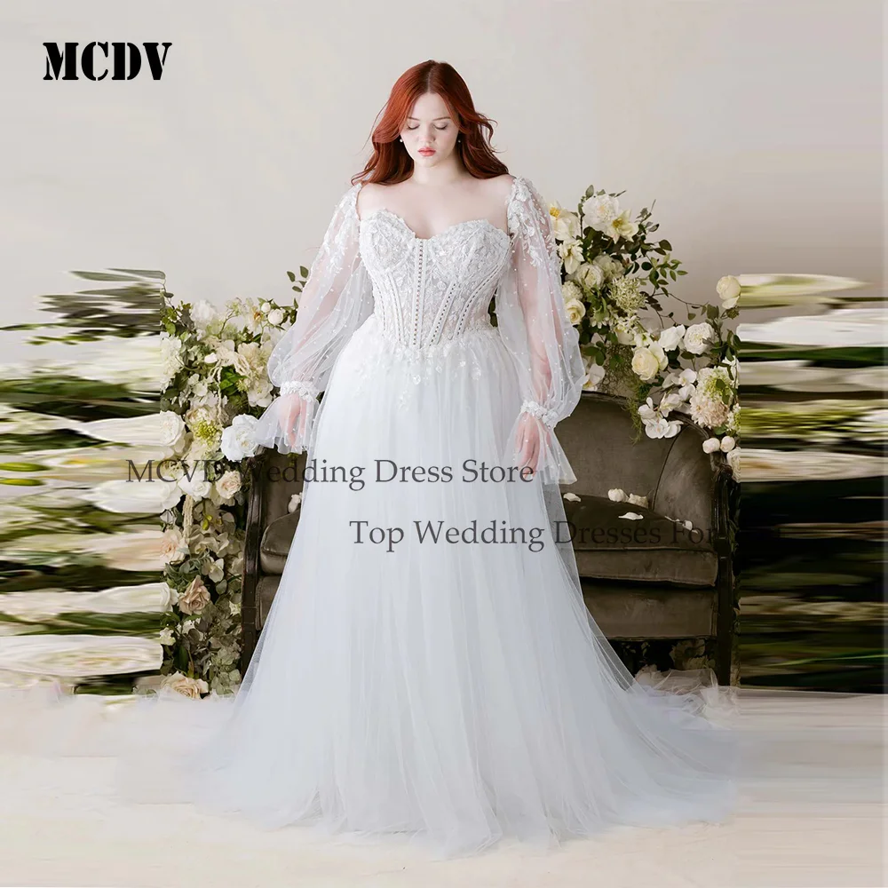 

MCDV Sexy Sweetheart A-Line Wedding Dresses Long Puff Sleeves Bride Robe Sexy Backless Bridal Gown Appliques Vestidos De Noiva