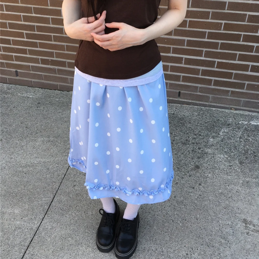 

Summer Korean Style Fashion Design Long Skirt Women's Polka Dot Ruffle Elastic Waist Skirt Casual High Street Sweet Party Skirt