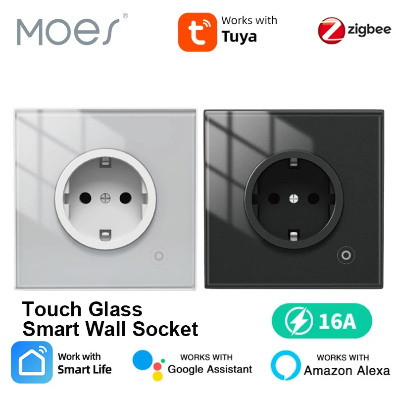 

MOES 16A Tuya ZigBee Умная розетка Wi-Fi ЕС Настенная встроенная стеклянная панель Розетка Монитор энергии Приложение SmartLife для Alexa Google Home