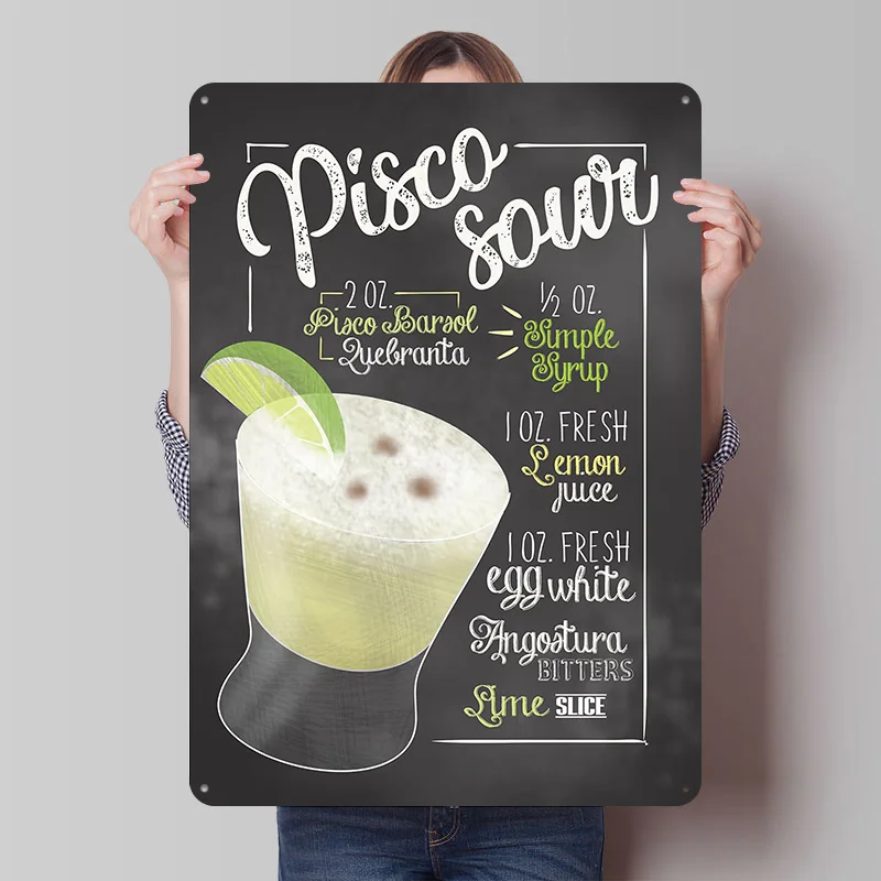 Póster de Pisco Sour Cocktail Bar, Letrero Metálico Personalizado, Arte de Pared Vintage, Placa de Metal Retro para Decoración de Habitaciones, Sala de Juegos, Cueva del Hombre