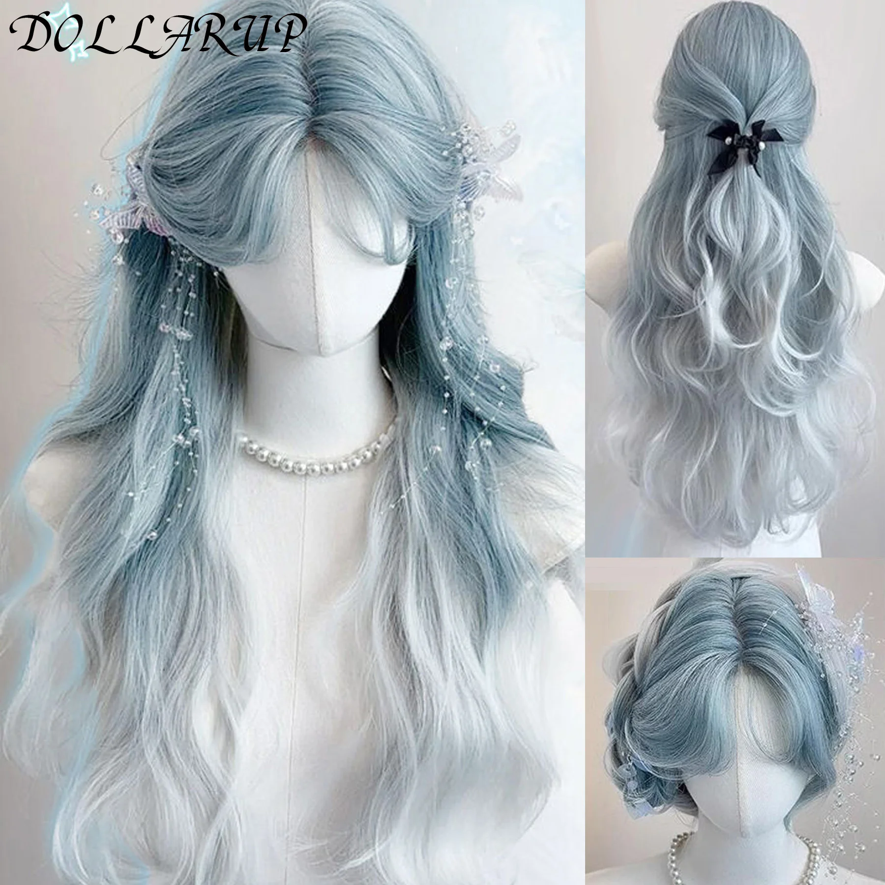 Mint Blue Gradient Curly synthetic Wig Female Lolita Elegant Daily Fresh Fluffy Mint Blue Gradient Eight Bangs Long Curly Wig