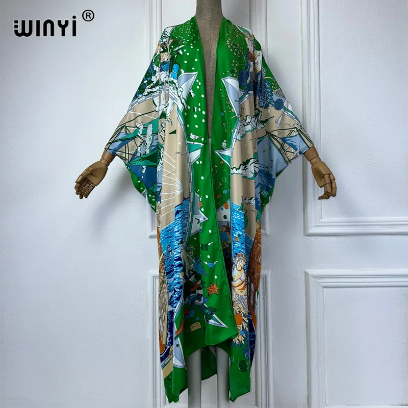 WINYI Africa fashion Beach cover up Boho flower print Cover Up Cardigan elegant Holiday Kimono beach outfits women kaftan dress