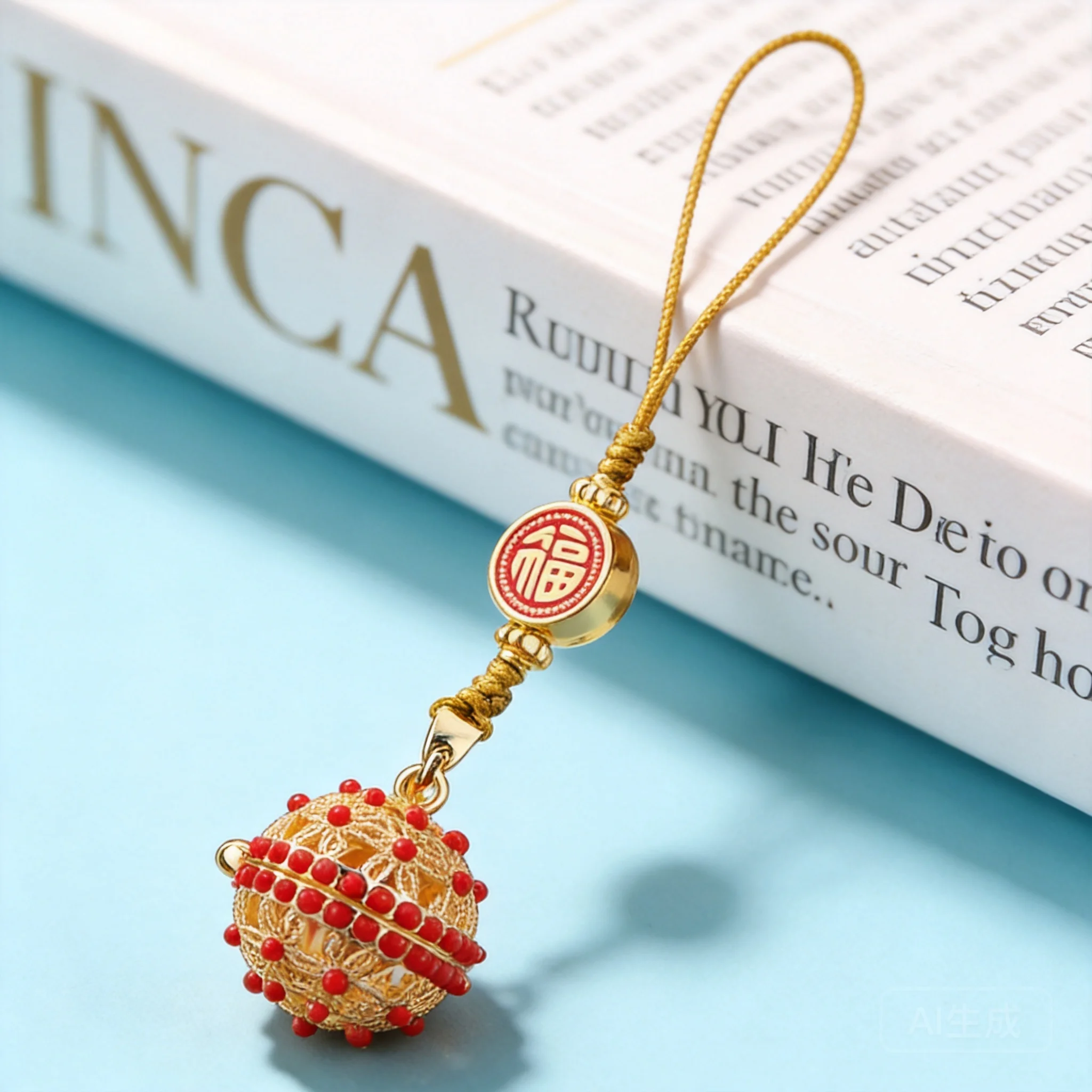Chinese Style Good Luck Fu Character Pure Brass Hollow Aromatherapy Sachet Ball Pendant Phone Lanyard Blessing Wealth Attracting