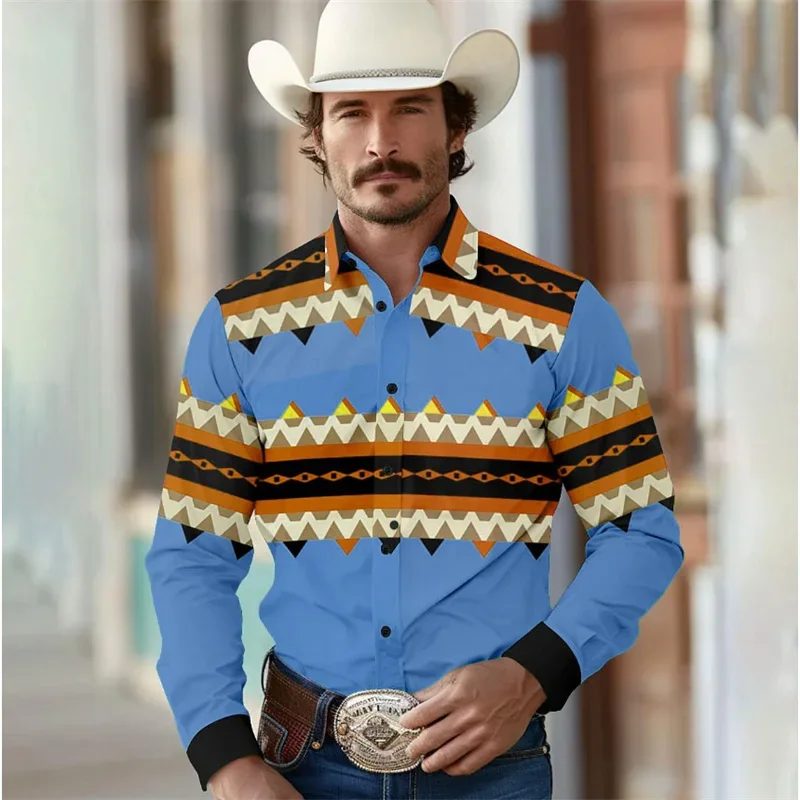 

Western Style Tribal Men's Shirt Lapel Long Sleeve Blue XS-6XL Polyester Shirt Fast Shipping European Sizes 2024 Casual Shirt