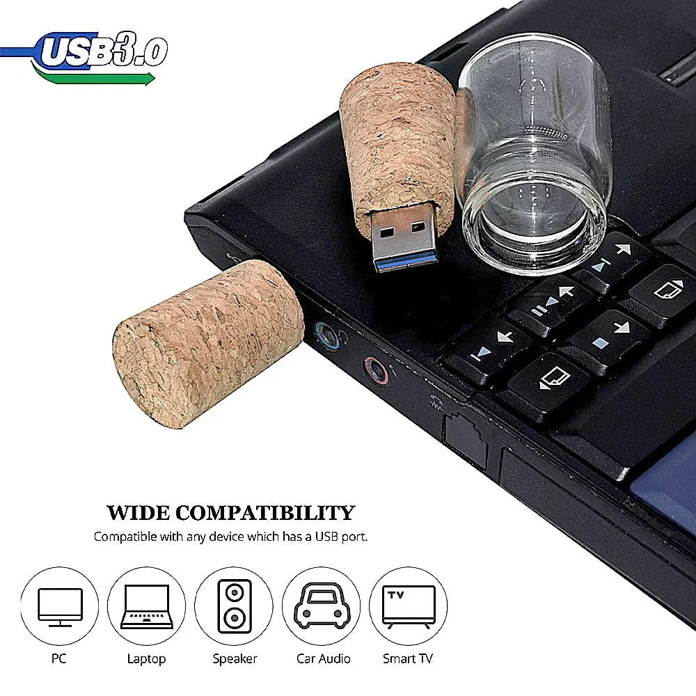 30pcs 새로운 도착 메신저 병 usb 3.0 메모리 스틱 유리 드리프트 병 usb 플래시 드라이브 나무 코르크 pendrive 16GB 32GB 64GB