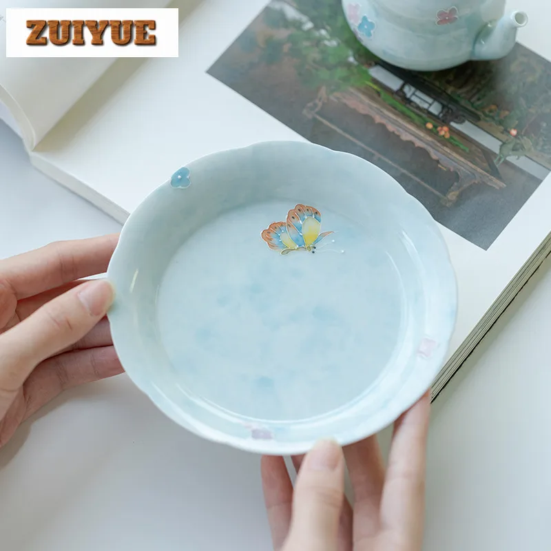 Handmade Arita Porcelain Pot Bearing Holder Hand-painted Butterfly Dry Brewing Table Flower Mouth Fruit Snack Plate Base Teaware