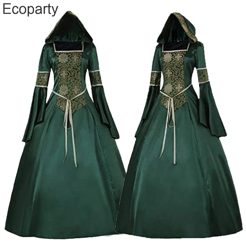 

New Women Medieval Gothic Queen Cosplay Costume Renaissance Vintage High Waist Long Sleeved Hood Maxi Dress Victorian Costume