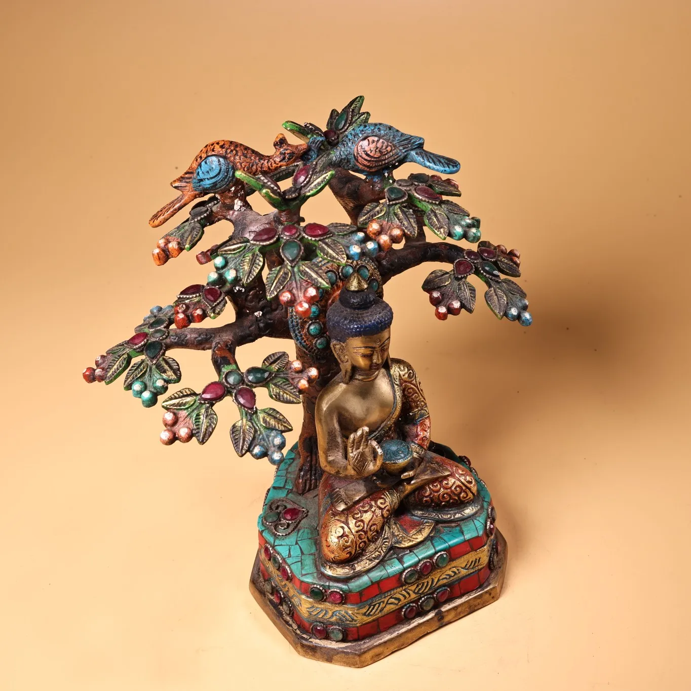 

9"Xizang Folk Old Bronze Outline in gold Mosaic Gem Turquoise Phoenix Bodhi Tree Meditation Shakyamuni Buddha