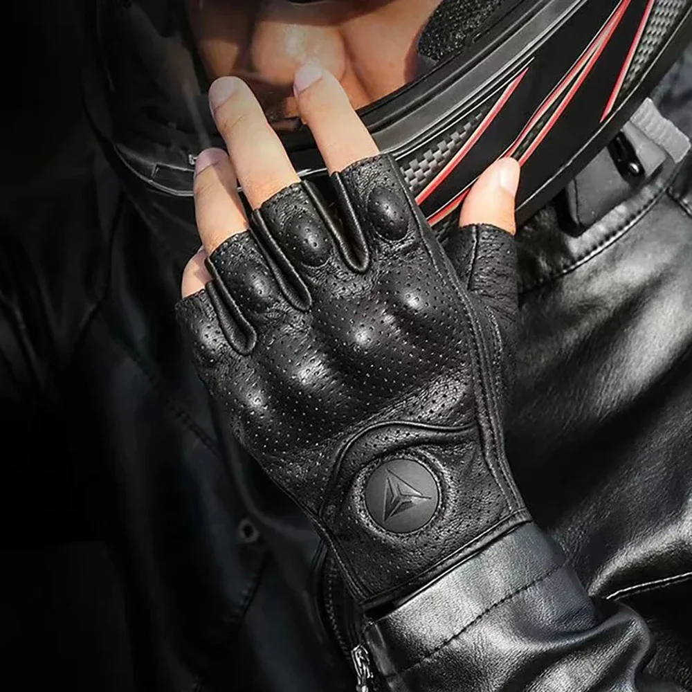 Half Finger Cycling Genuine Leather Men Luva Riding Moto Motorcycle Glove Breathable Protection Racing Protective Equipment