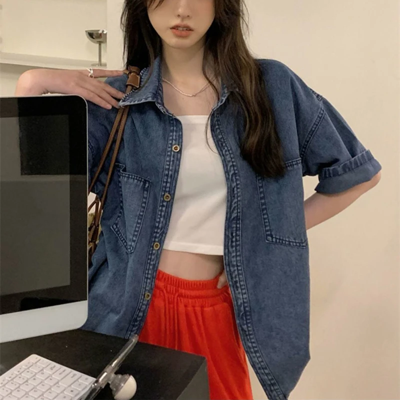 Rimocy Korean Denim Short Sleeve Shirts Woman 2024 Summer Pockets Single Breasted Jacket Woman Blue Jean Casual Blouse Female