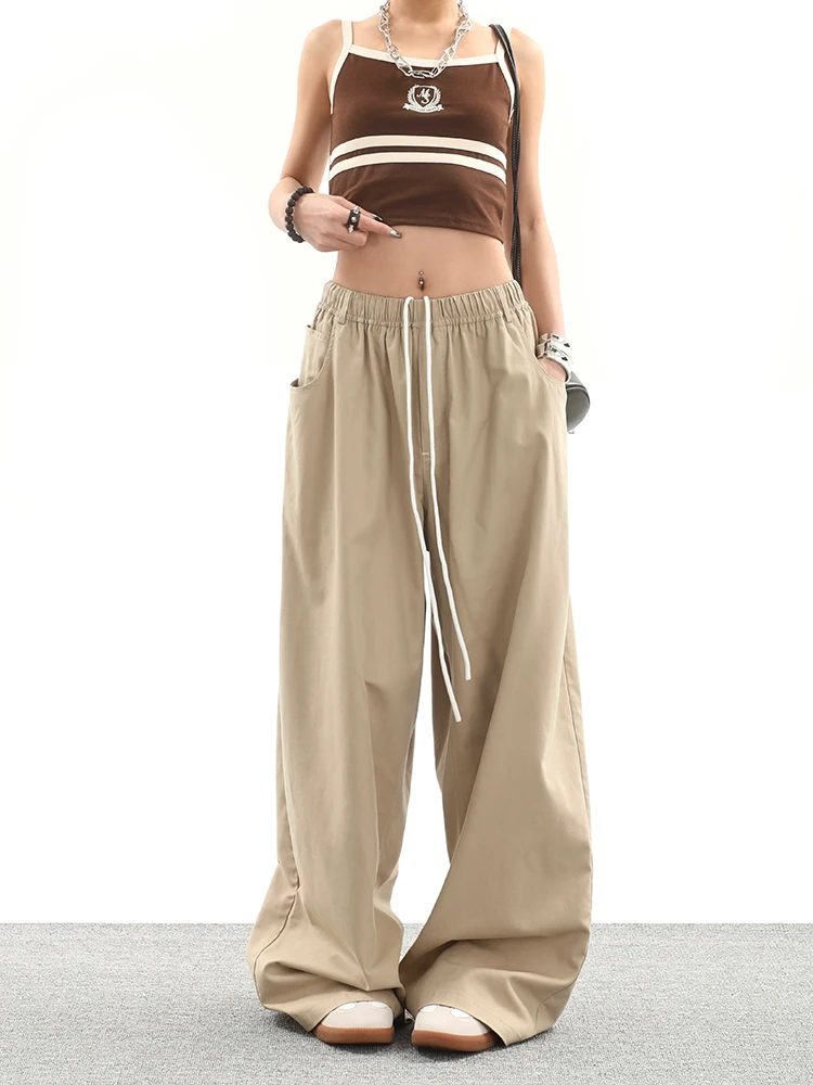 

Summer New Vintage Khaki Wide Leg Pants Women Harajuku Baggy Sweatpants Hip Hop Trousers Drawstring Streetwear Casual Pants