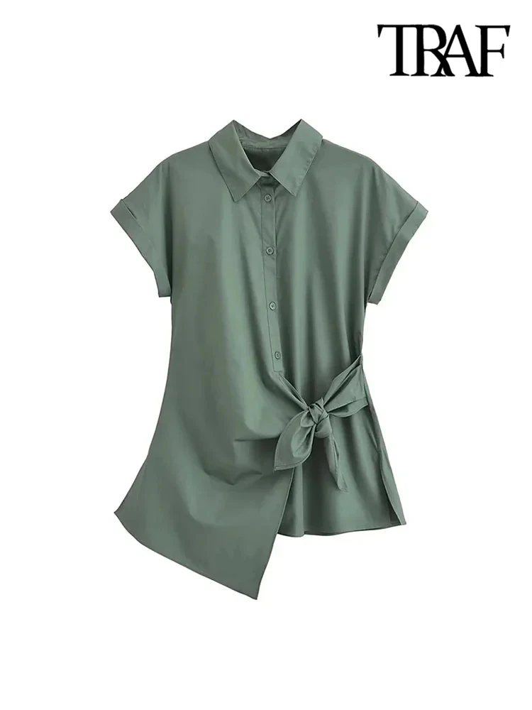 TRAF-Asymmetric Poplin Shirts for Women, Front Knot with Ties, Short Sleeve, Button-up, Female Blouses, Chic Tops, Fashion