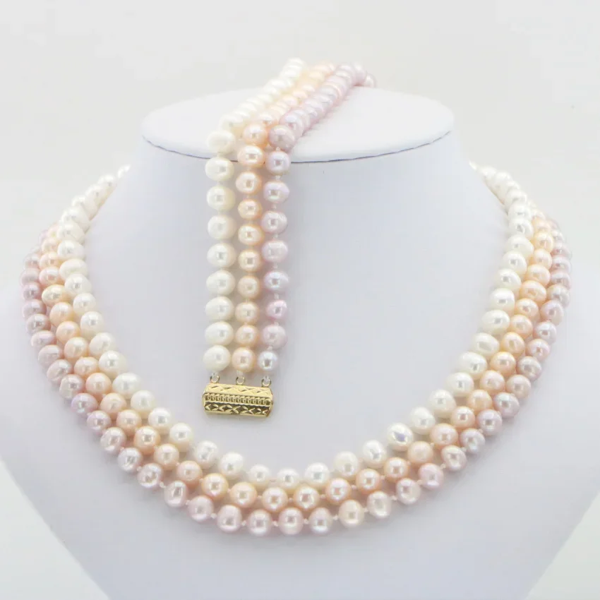 Elegant Charming 3 Row 7-8mm Natural Akoya Pearl Necklace Bracelet Set 5 Colors Woman Gift Banquet Wedding Christmas Gift  AAA