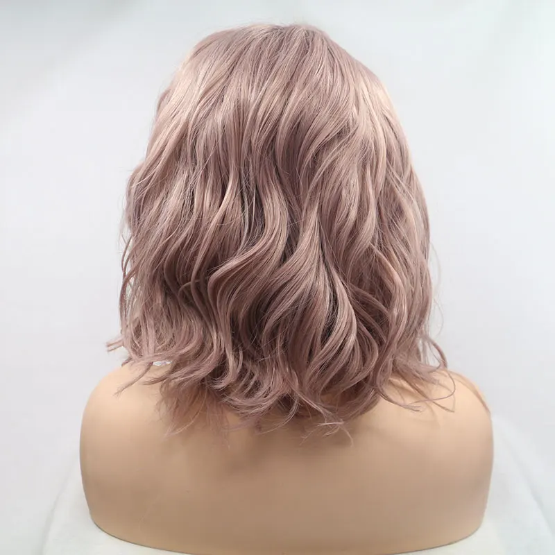 Smoky rosa peruca curta onda solta para mulheres, perucas sintéticas frente do laço, cabelo fibra resistente ao calor, moda cosplay, alta qualidade, 13x4