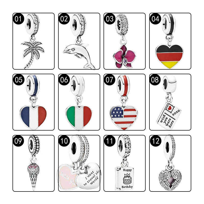 Silver 925 Pendants Charms For Women Bracelets DIY Palm Tree Dolphin Orchid Flags Postcard Ice Cream Hearts Birthday Angel Wings