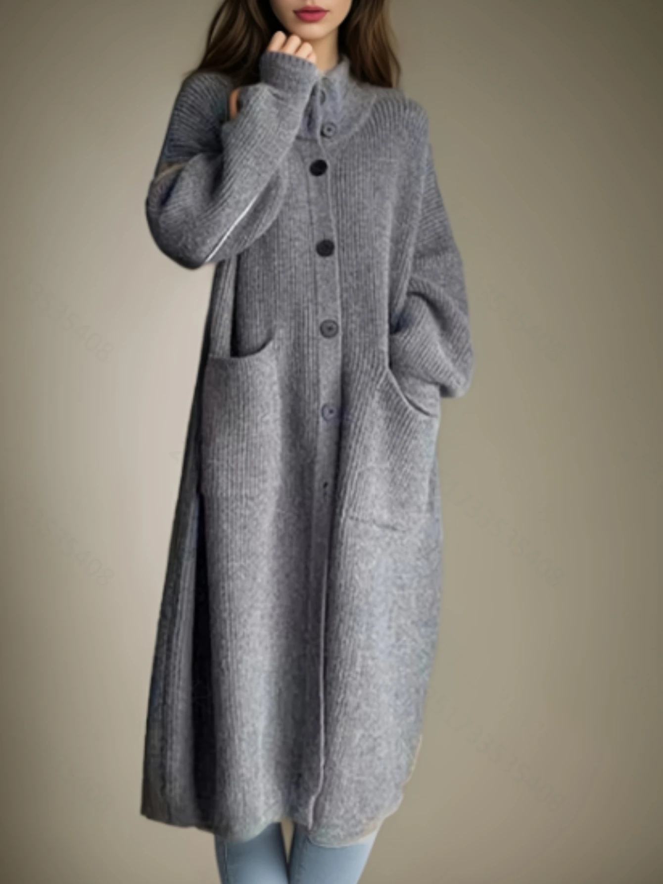 

Solid color loose high neck women's mid to long hair clothes, spring and autumn casual long sleeved knitted cardigan 6762#