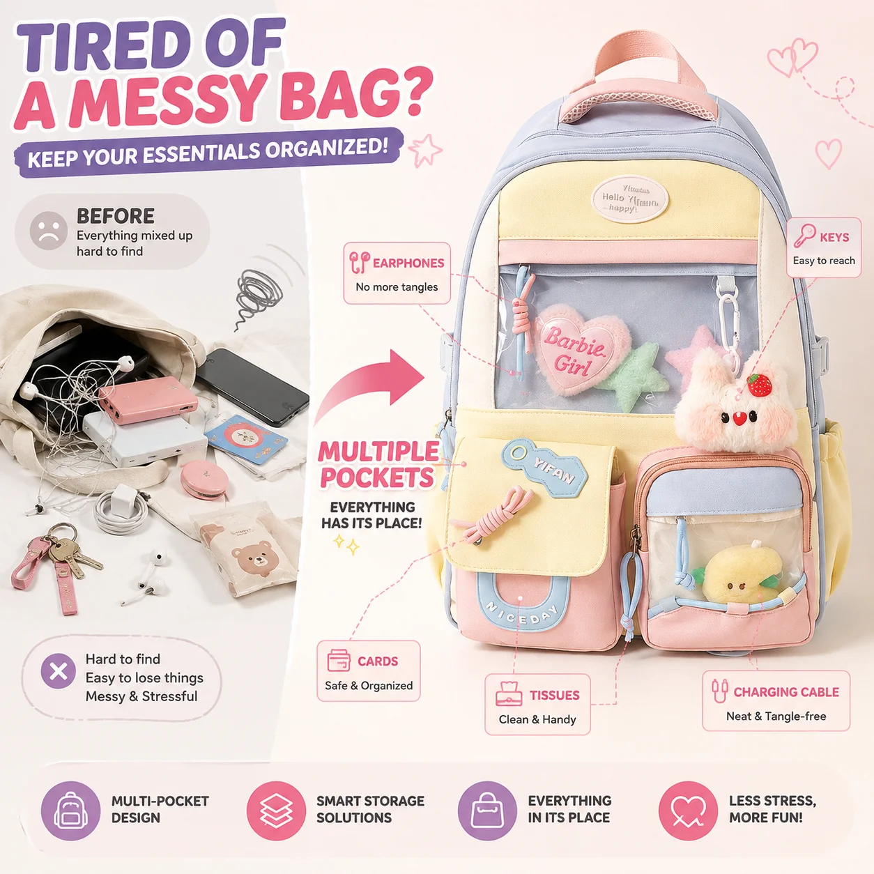 Girls Backpack Cute Kawaii School Bag Multi Pocket Backpack DIY Transparent Front Pocket Casual Backpack for School Travel