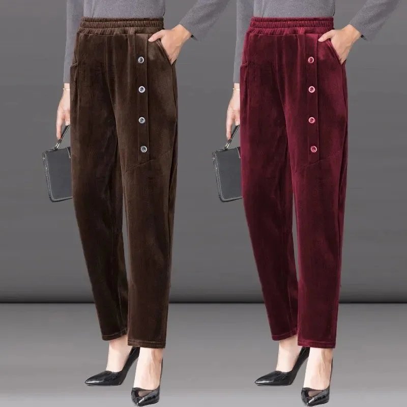 Corduroy Harem Pants Women's Autumn Winter New Thick Add Velvet Trousers High Waist Loose Large Size Mother Button Casual Pants